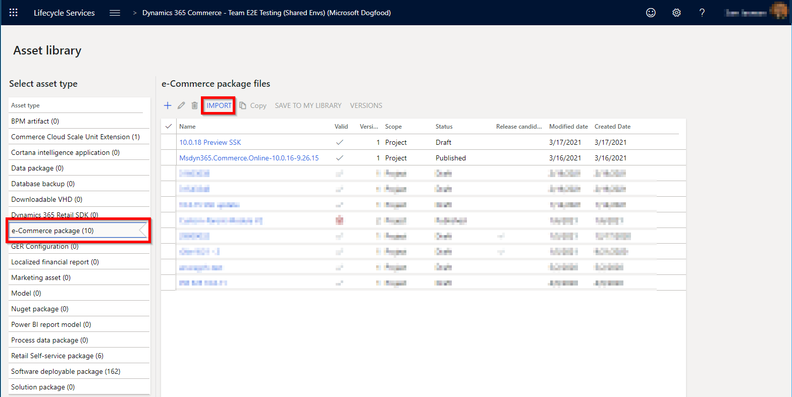 LCS Asset library page with the e-Commerce package tab and Import button highlighted.