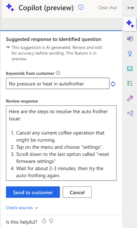 ภาพหน้าจอของการตอบที่ Copilot แนะนำสำหรับการสนทนา