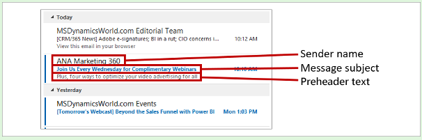 ลักษณะของเนื้อหาของอีเมลที่จะปรากฏในรายการกล่องขาเข้าของ Outlook