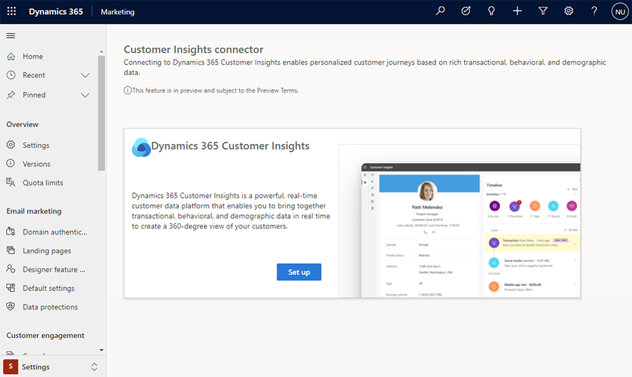 ภาพหน้าจอการตั้งค่า Customer Insights - Data