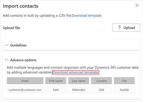 ดาวน์โหลดเทมเพลต CSV ขั้นสูงเพื่อสร้างรายชื่อผู้รับ