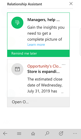 ผู้ช่วยของความสัมพันธ์ของ Dynamics 365 สำหรับโทรศัพท์และแท็บเล็ต