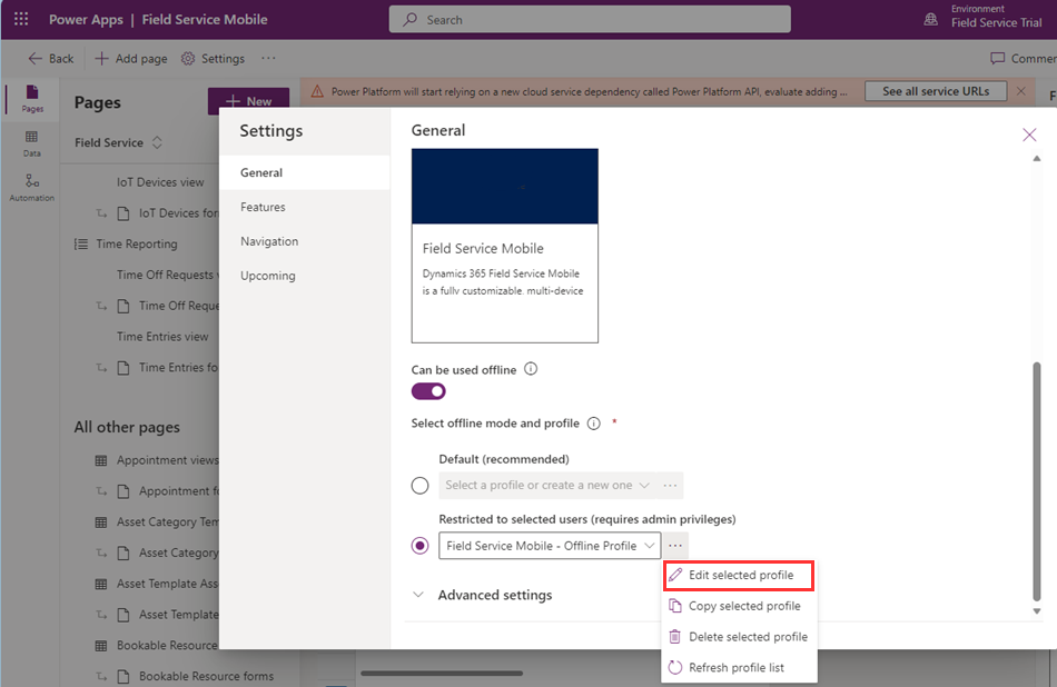 ภาพหน้าจอของการตั้งค่าแอป Power Apps Field Service โดยเลือกโปรไฟล์ออฟไลน์เริ่มต้นและแก้ไขโปรไฟล์ที่เลือกที่เน้น