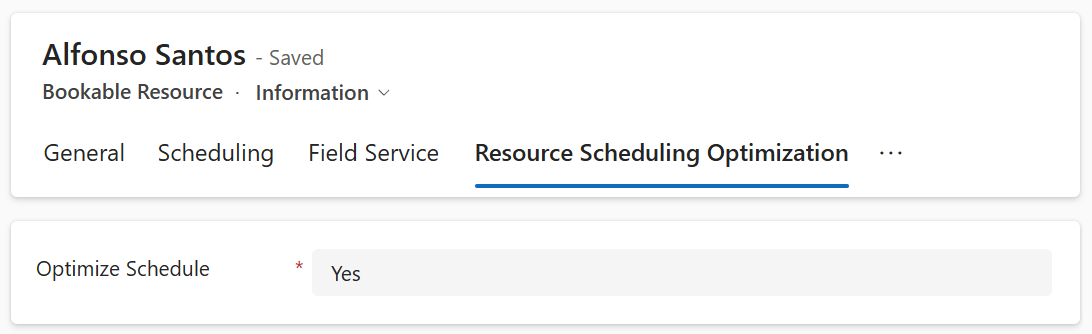 ภาพหน้าจอของการเปิดใช้งาน Resource Scheduling Optimization สำหรับทรัพยากร