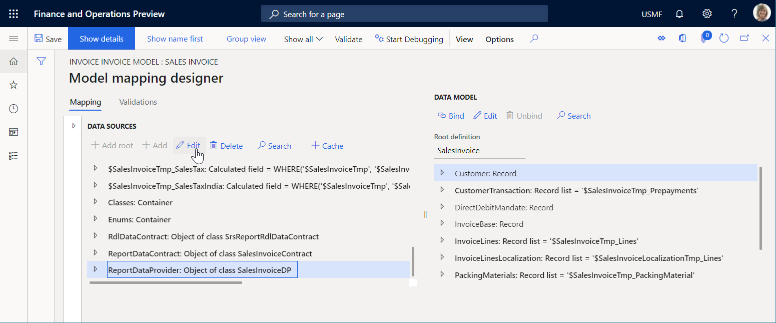 Selecting Edit to change the properties of a selected data source.