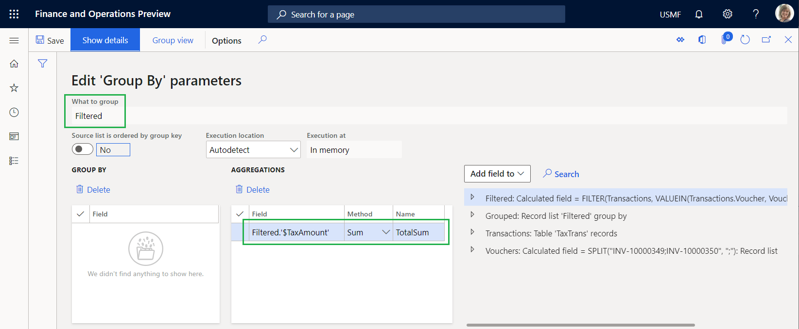 ฟิลด์การรวม TotalSum บนหน้าพารามิเตอร์ 'GroupBy' แก้ไข