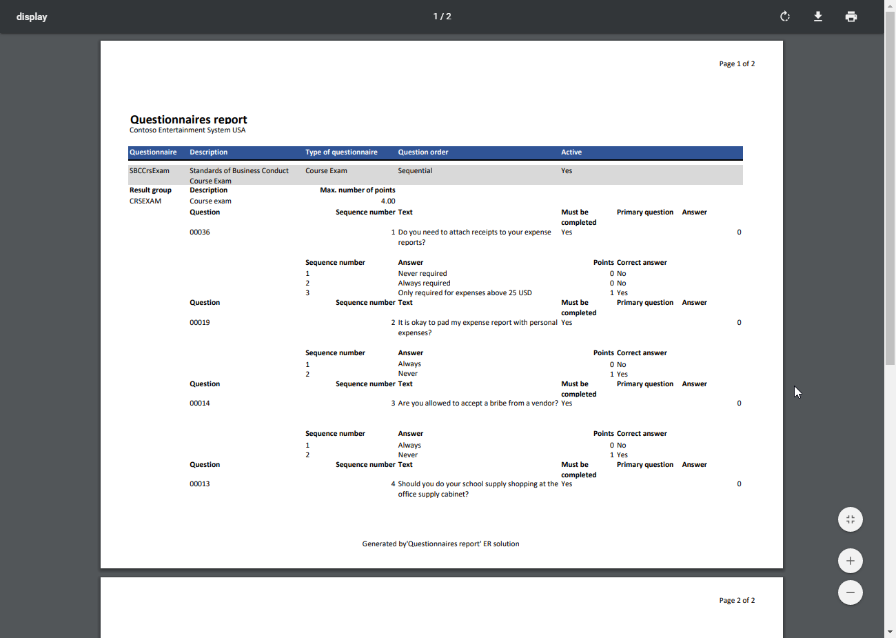 การแสดงตัวอย่างบนหน้าจอของรายงานที่สร้างในรูปแบบ PDF