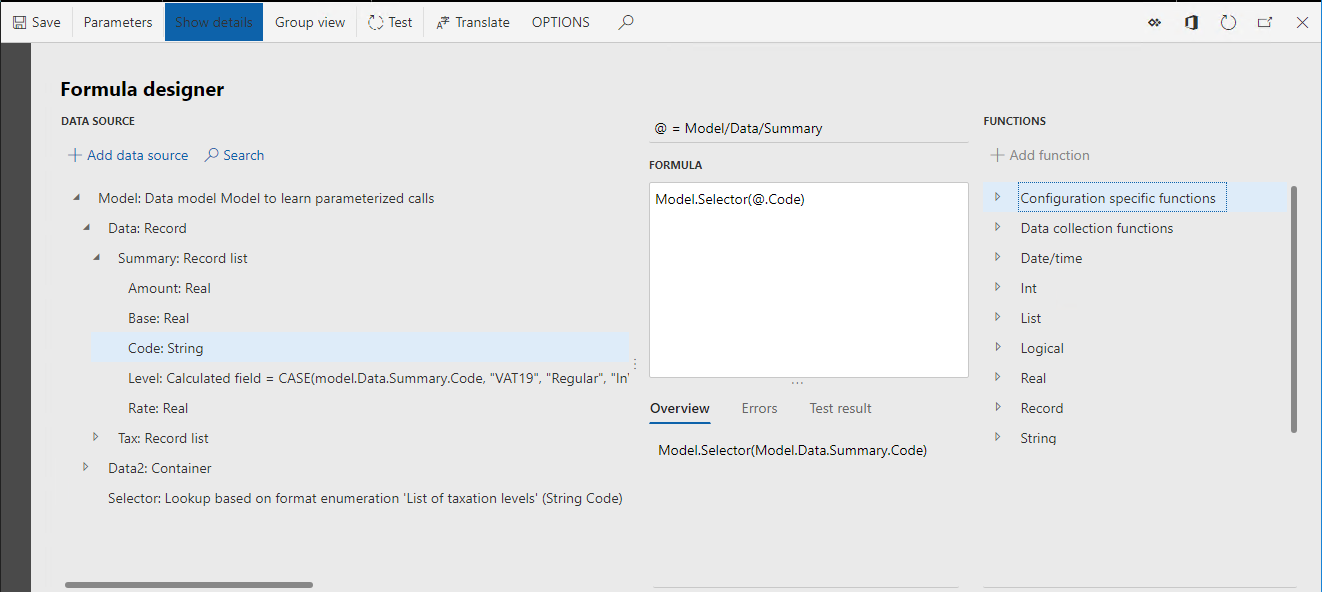 การเพิ่ม Model.Selector (Model.Data.Summary.Code) ลงในหน้าตัวออกแบบสูตร