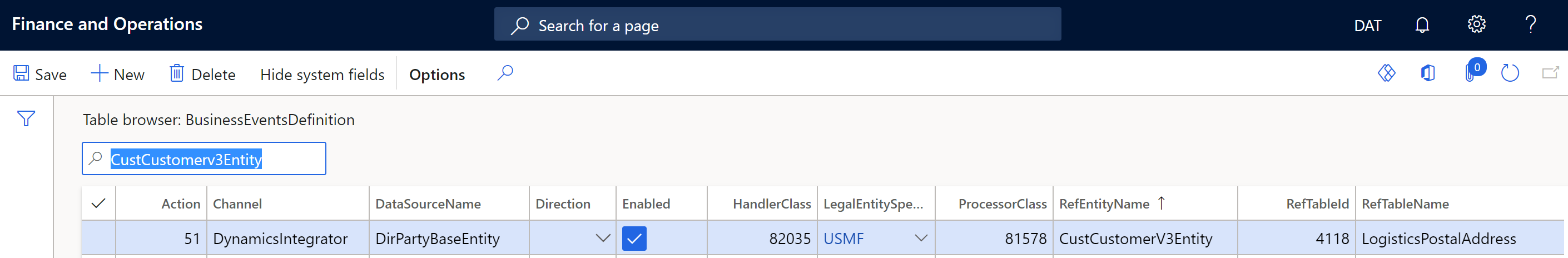 BusinessEventsDefinition table browser