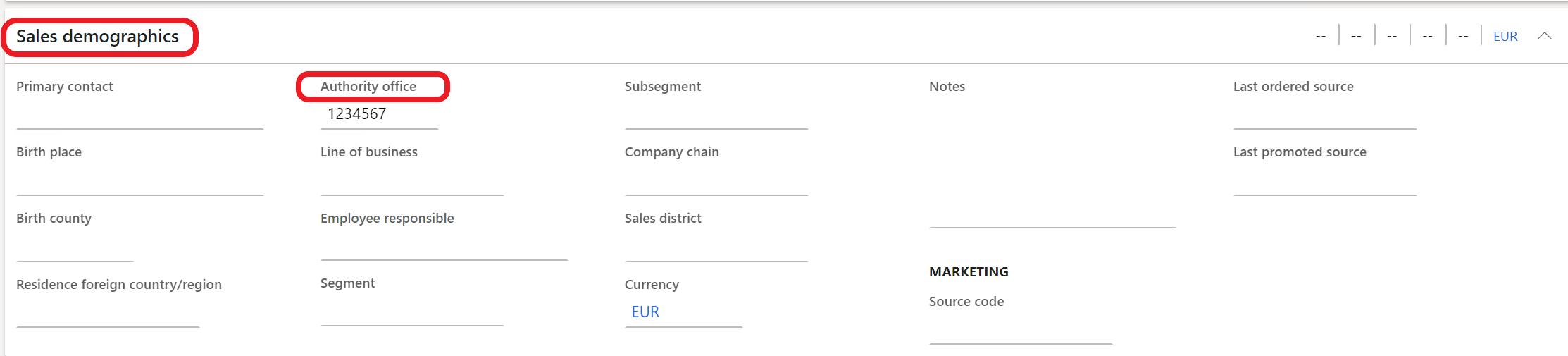 Authority office field on the Sales demographics FastTab of a customer record.