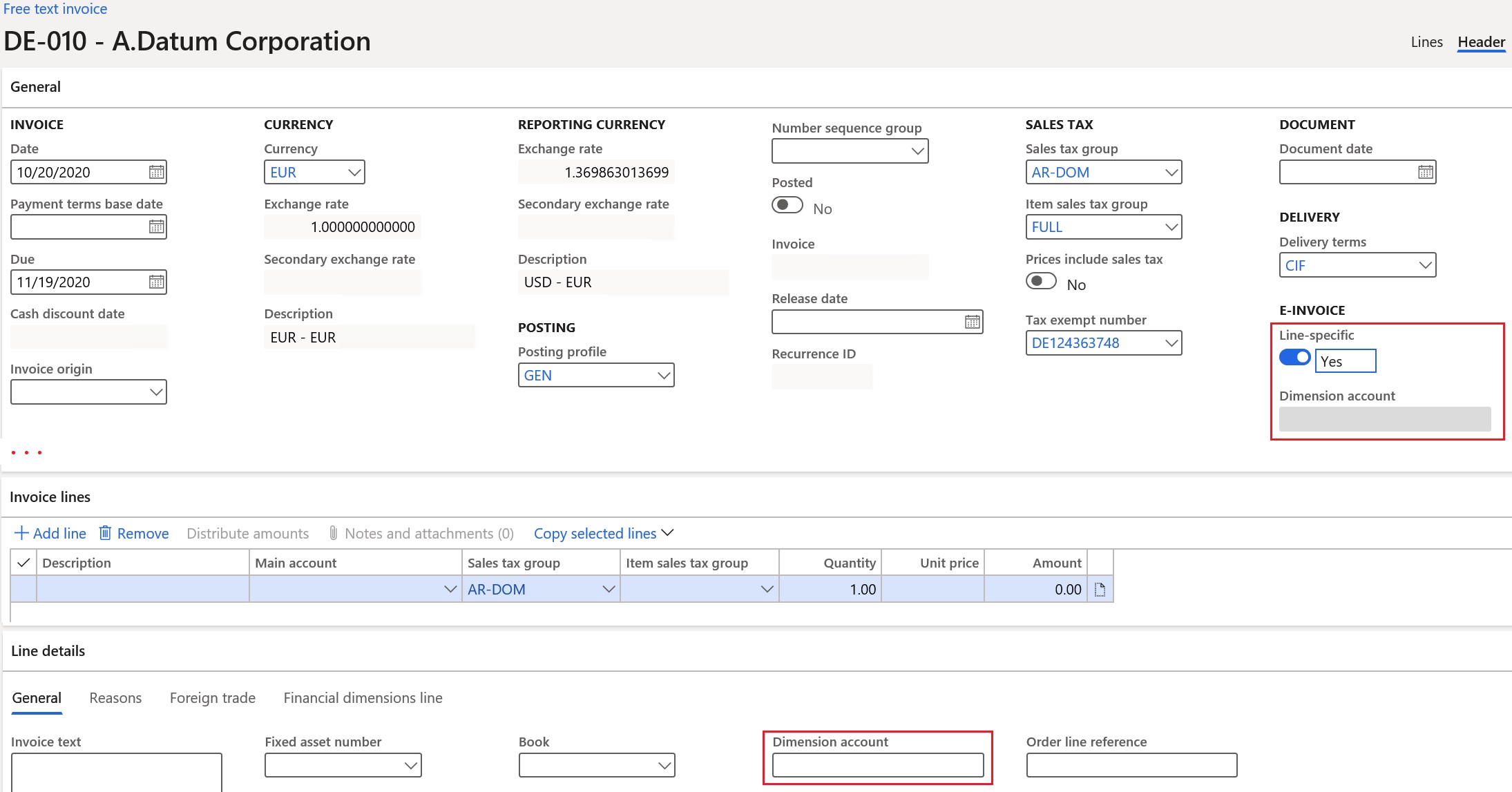 Line-specific accounting code for a free text invoice.