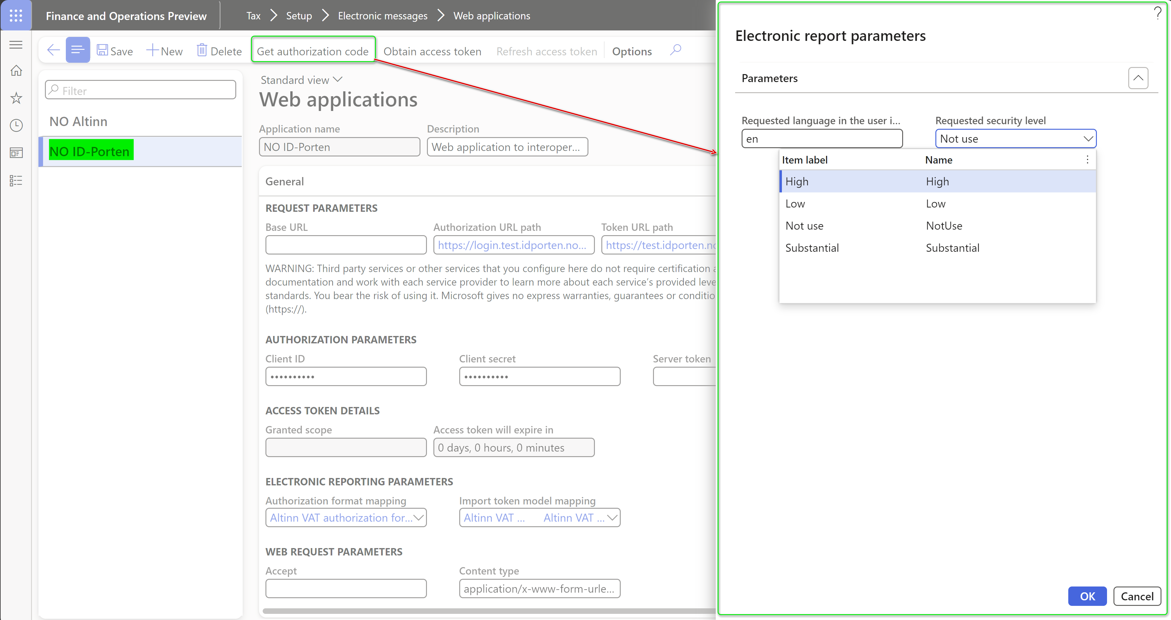 Specify parameters in the Electronic report parameters dialog box.