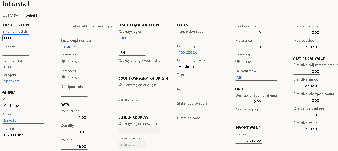 Sales order details on the General tab of the Intrastat page