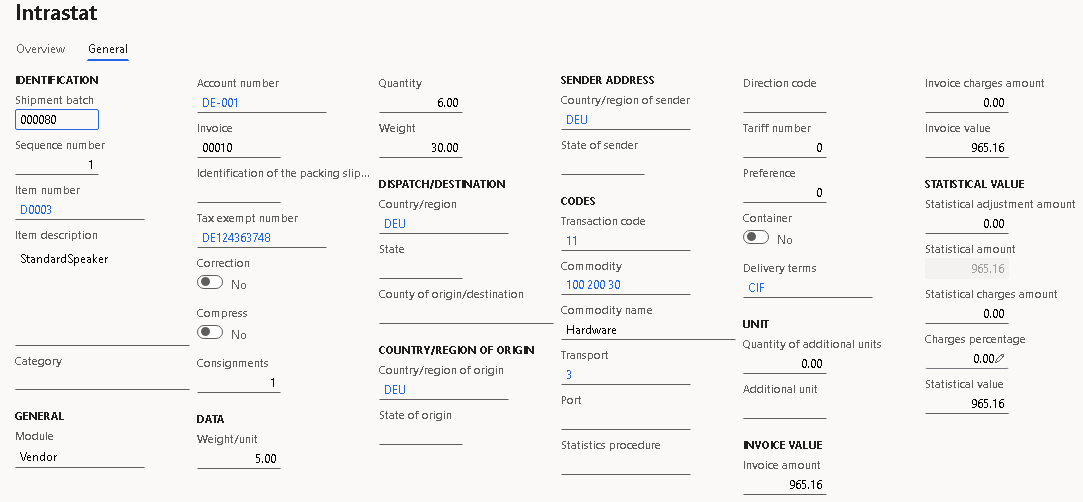 Purchase order details on the General tab of the Intrastat page