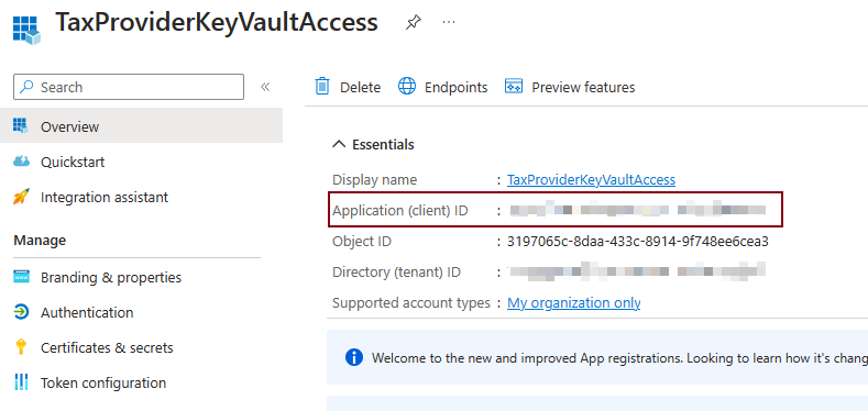 ภาพหน้าจอของหน้า TaxProviderKeyVaultAccess ที่มีการเน้นฟิลด์รหัสแอปพลิเคชัน (ไคลเอ็นต์)