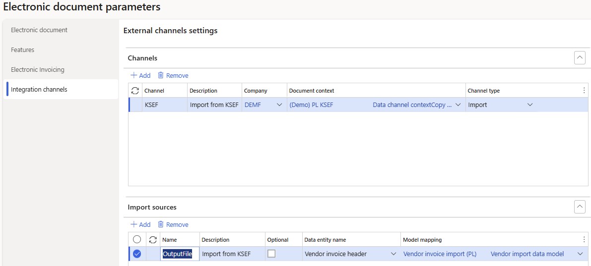 Screenshot of the import channel configuration in Electronic document parameters.