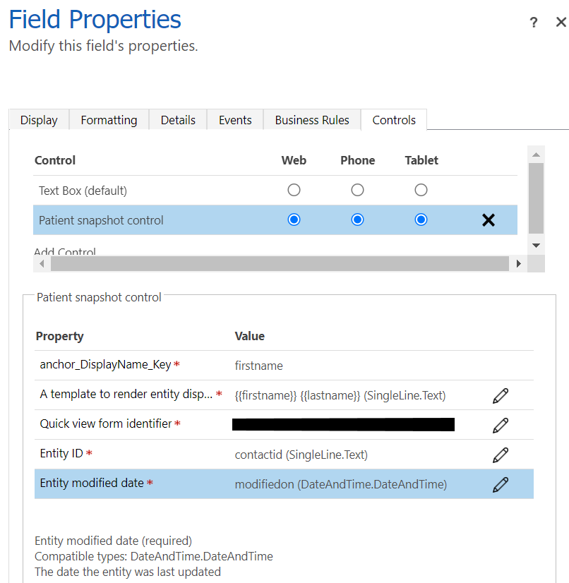 A screenshot showing an example of patient snapshot configuration.