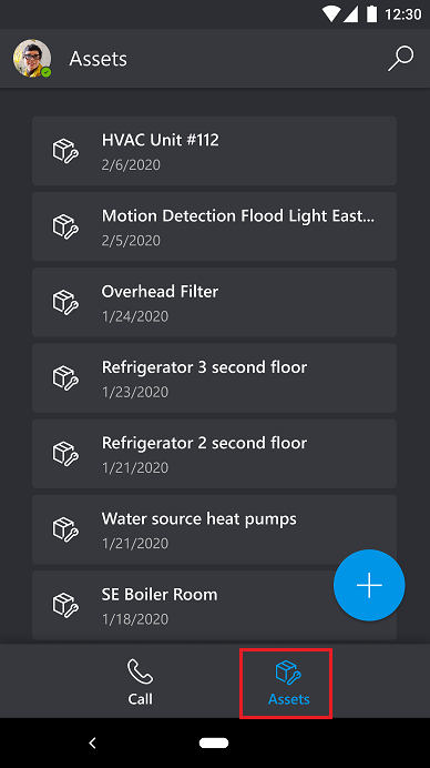 ภาพหน้าจอของแท็บสินทรัพย์ใน Dynamics 365 Remote Assist Mobile