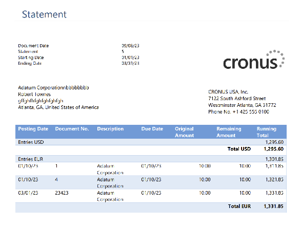 Statement in Open Items style, with totals per currency