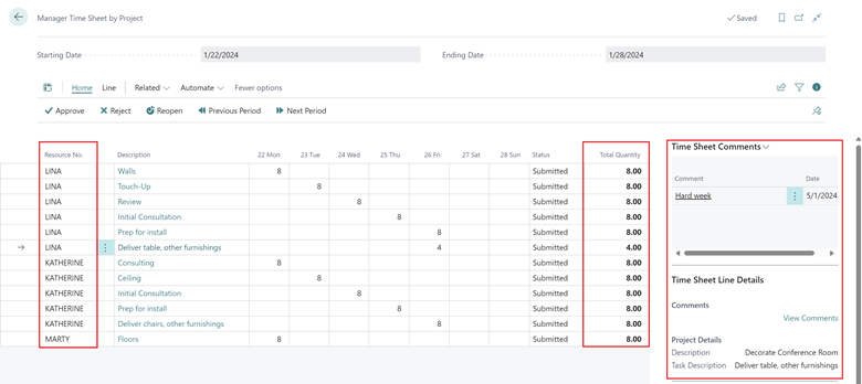 Shows Manager Time Sheets by Job with Resource, Total, and Time Sheet Comments and lines highlighted