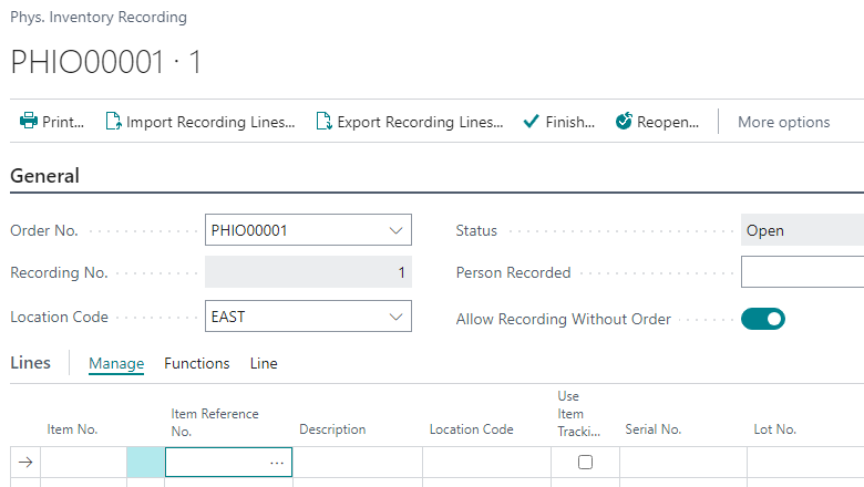 Physical Inventory Recording page