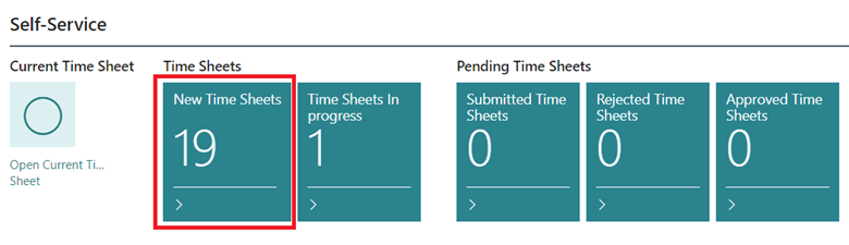 Shows New Time Sheets tile added to Self Service part in role centers