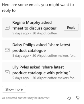 ภาพหน้าจอของรายการอีเมลที่ยังไม่ได้ตอบในบานหน้าต่างแชท Copilot
