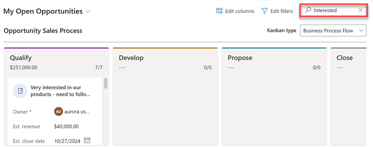 ใช้กล่องค้นหาเพื่อกรองเรกคอร์ดในมุมมอง Kanban