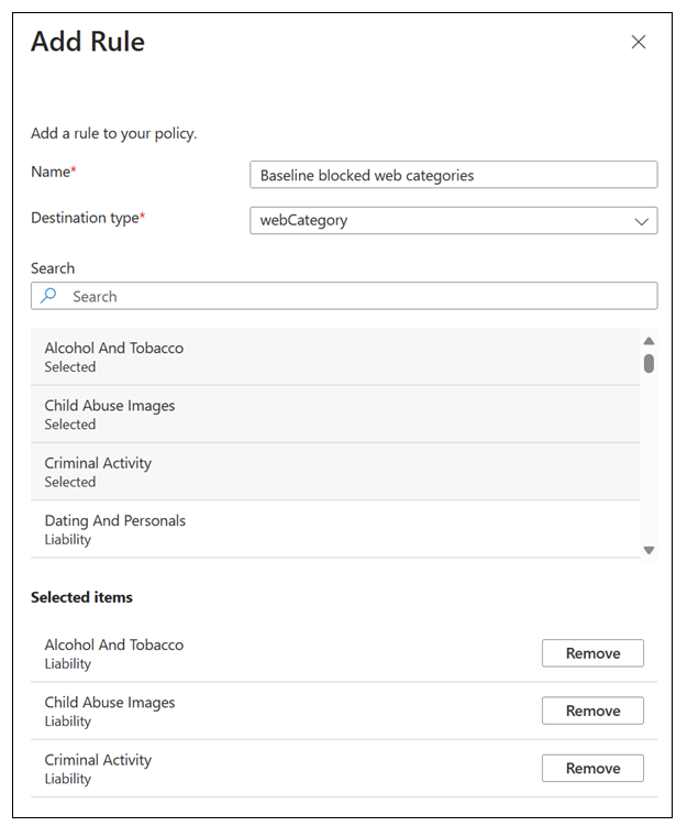 Screenshot of Update rule, Add a rule to your policy, with Baseline blocked web categories in Name text box.