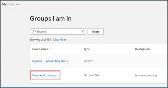Screenshot of My Groups, Groups I am in, with finance entered in the Filters text box, Showing 2 of 131.