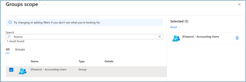 Screenshot of Groups scope with finance in the Search text box, one result found, and group in Selected.