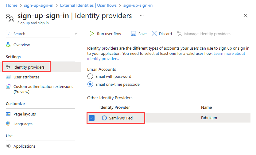 Screenshot showing how to select the identity provider on the SAML WS-Fed page.