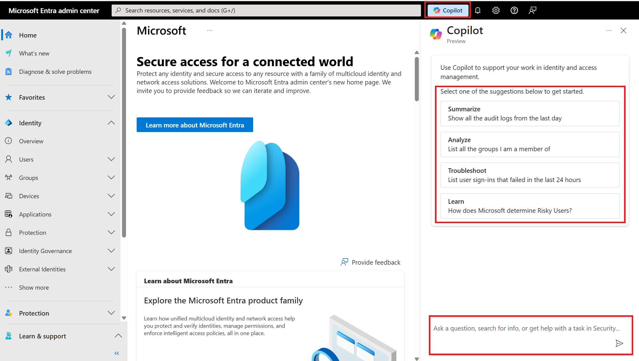 Screenshot that shows Security Copilot in the Microsoft Entra admin center.