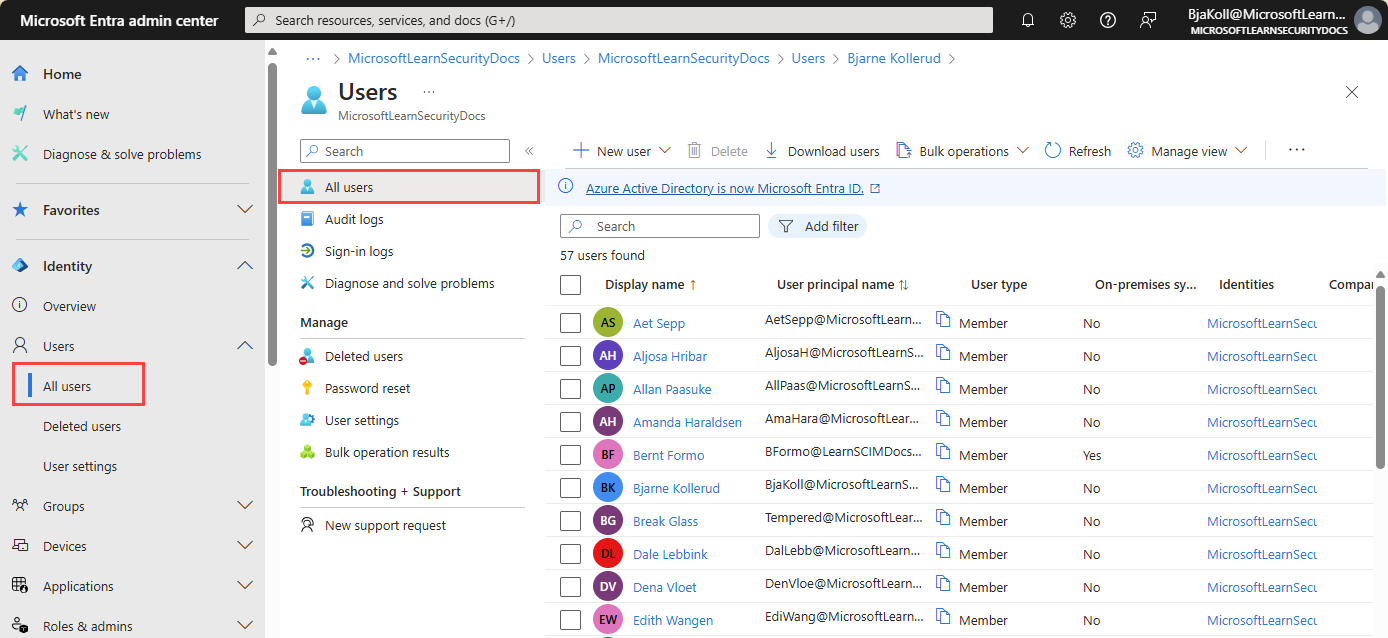 Screenshot of the All users page in Microsoft Entra ID.