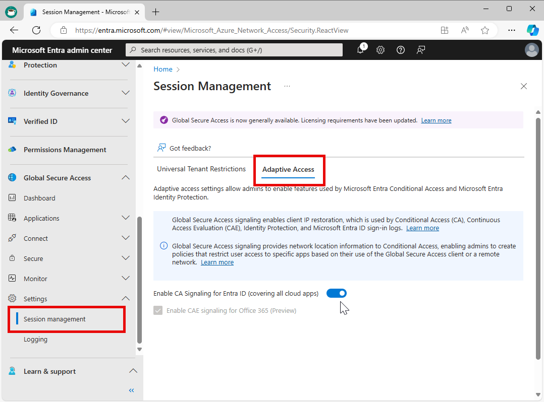 Screenshot showing the toggle to enable signaling in Conditional Access.