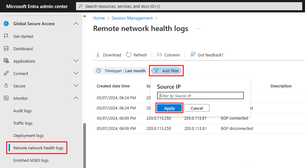 Screenshot of the Remote network health logs page with the Add filter menu open ready to type the Source IP.