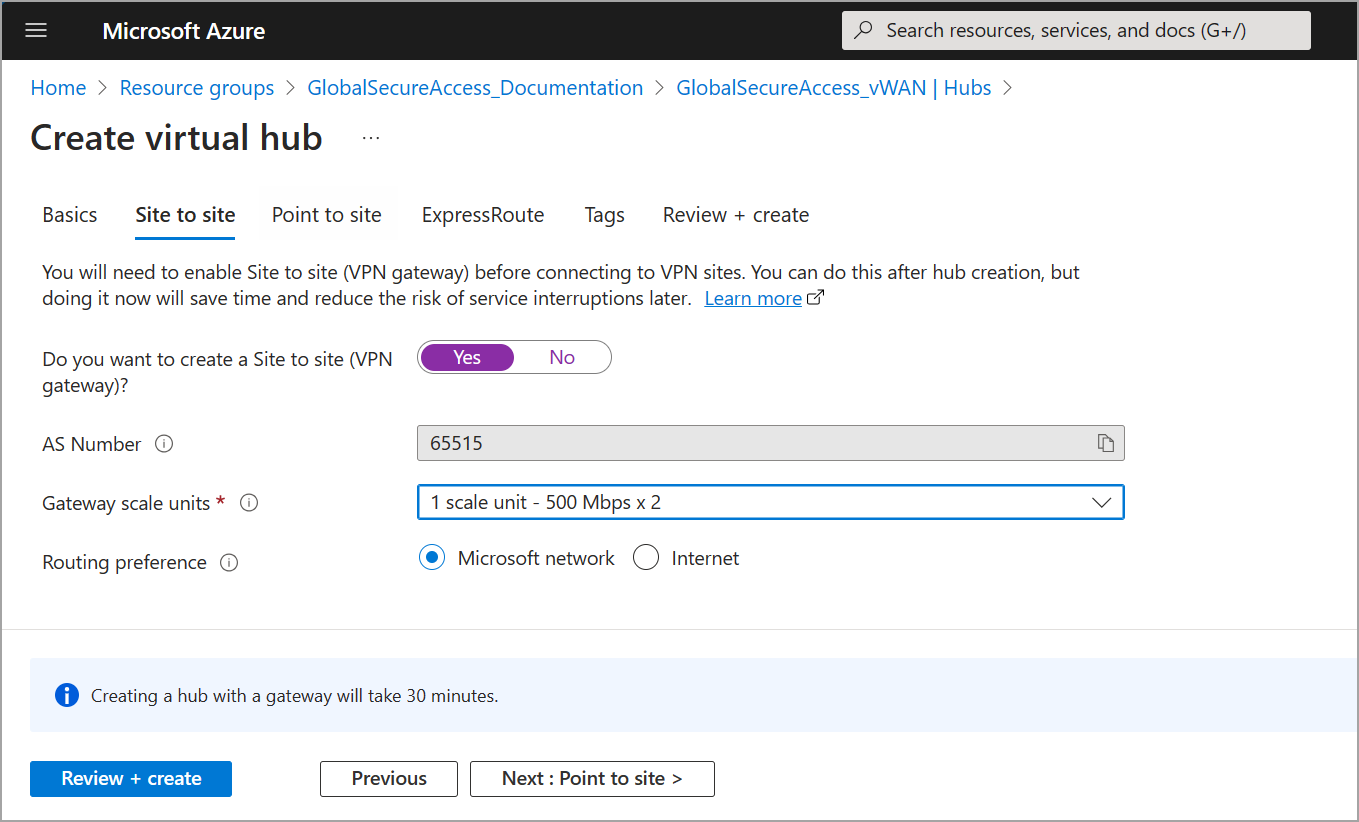 Screenshot of the Create virtual hub page, on the Site to site tab, with completed fields.