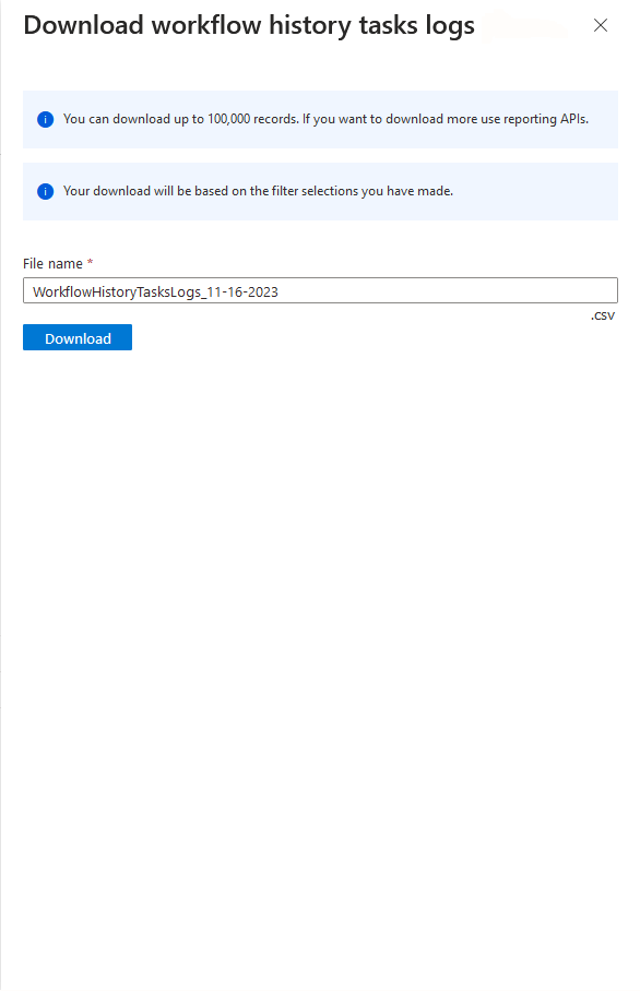 Screenshot of the workflow history download pane.