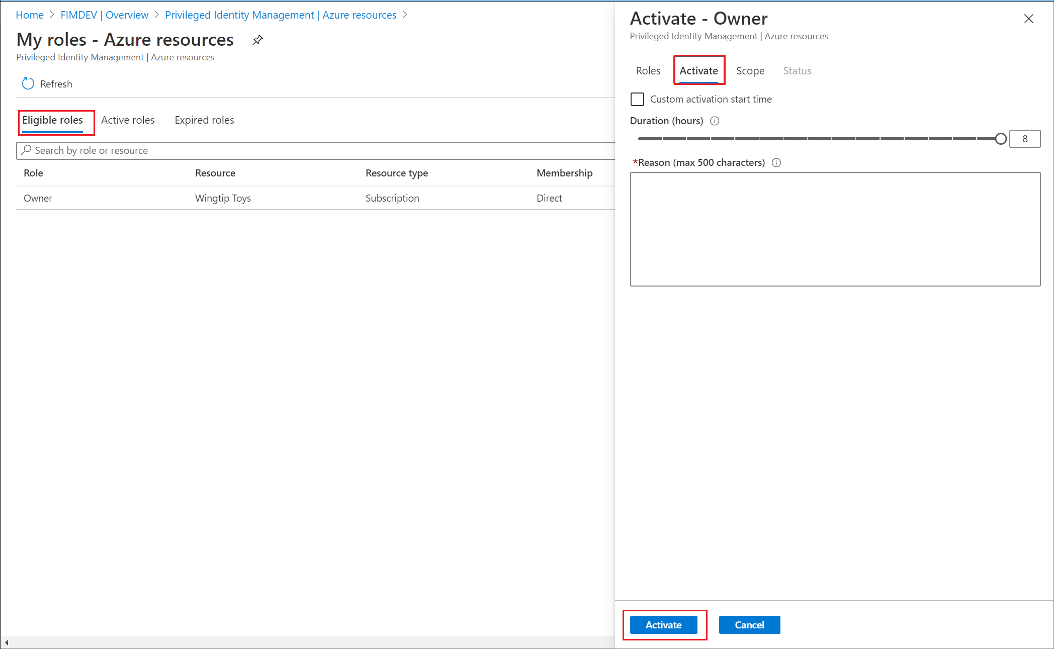 Screenshot of the opened Activate pane with scope, start time, duration, and reason.