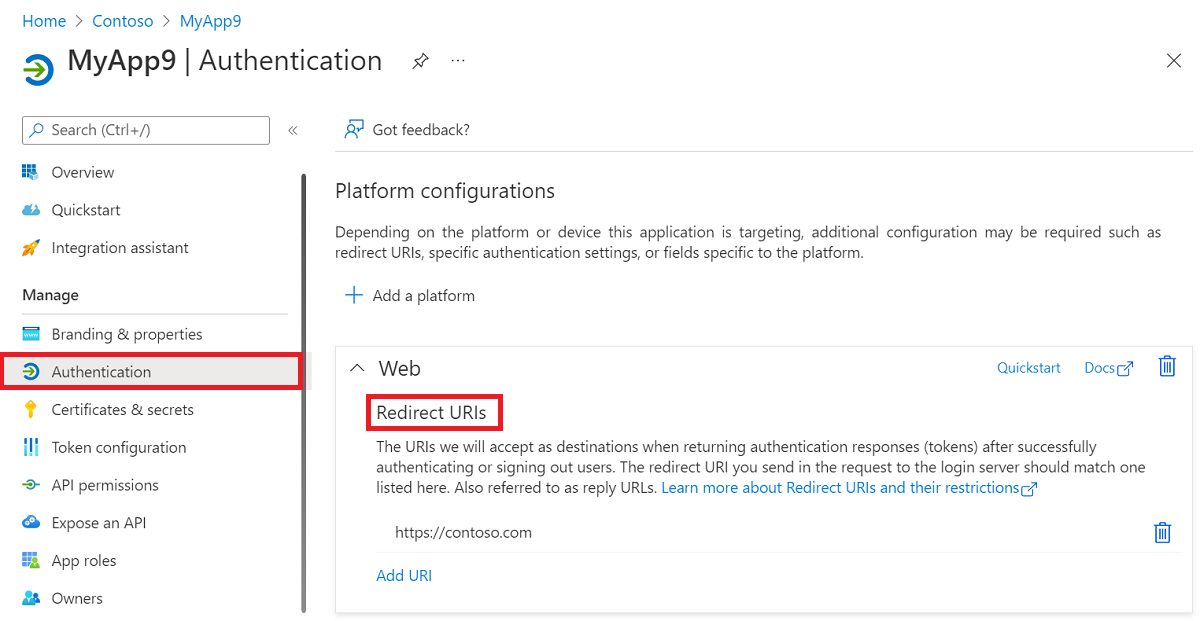 Screenshot that shows where the redirect U R I property is located.