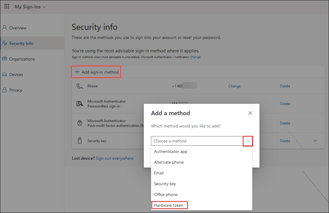 Screenshot of how to add a new sign-in method in Security info.