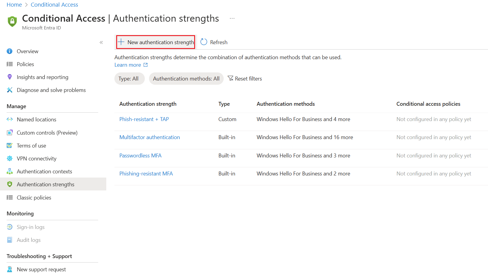 Screenshot that shows how to create a new authentication strength.