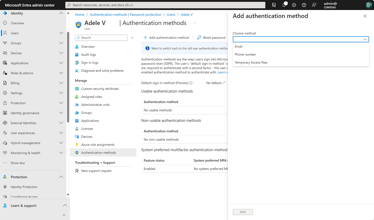 Screenshot of how to add authentication methods from the Microsoft Entra admin center.