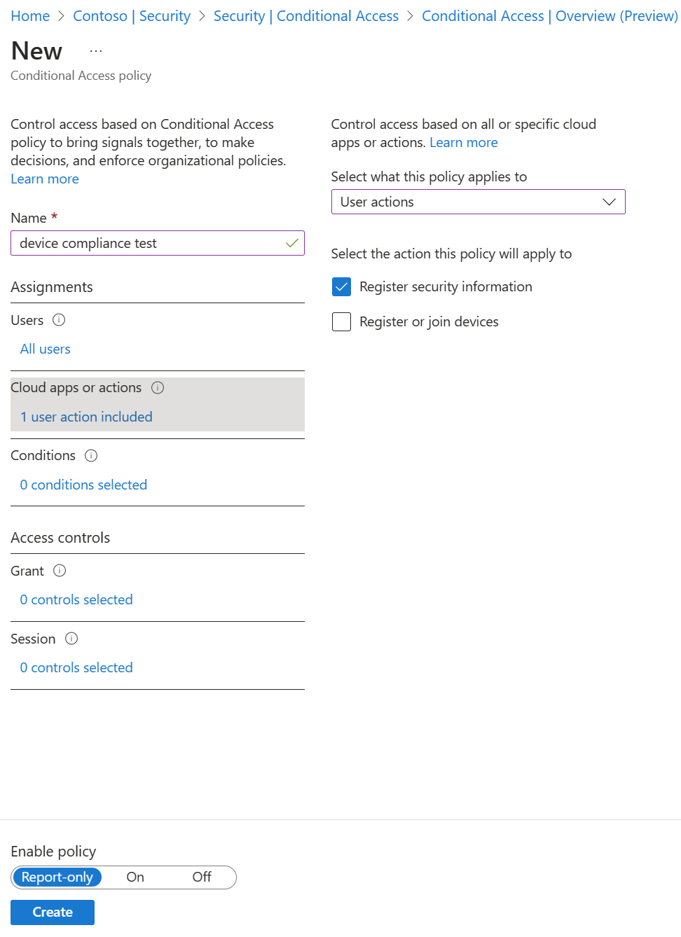 Create a Conditional Access policy to control security info registration