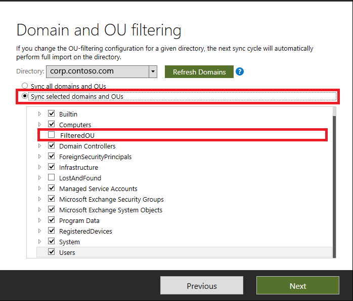 Microsoft Entra Connect Domain and OU filtering options