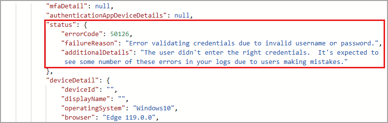 Screenshot of the query response with the error status section highlighted.