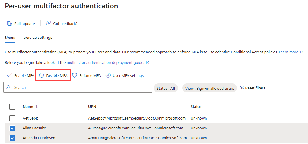 Screenshot of the per-user MFA settings in the admin center.