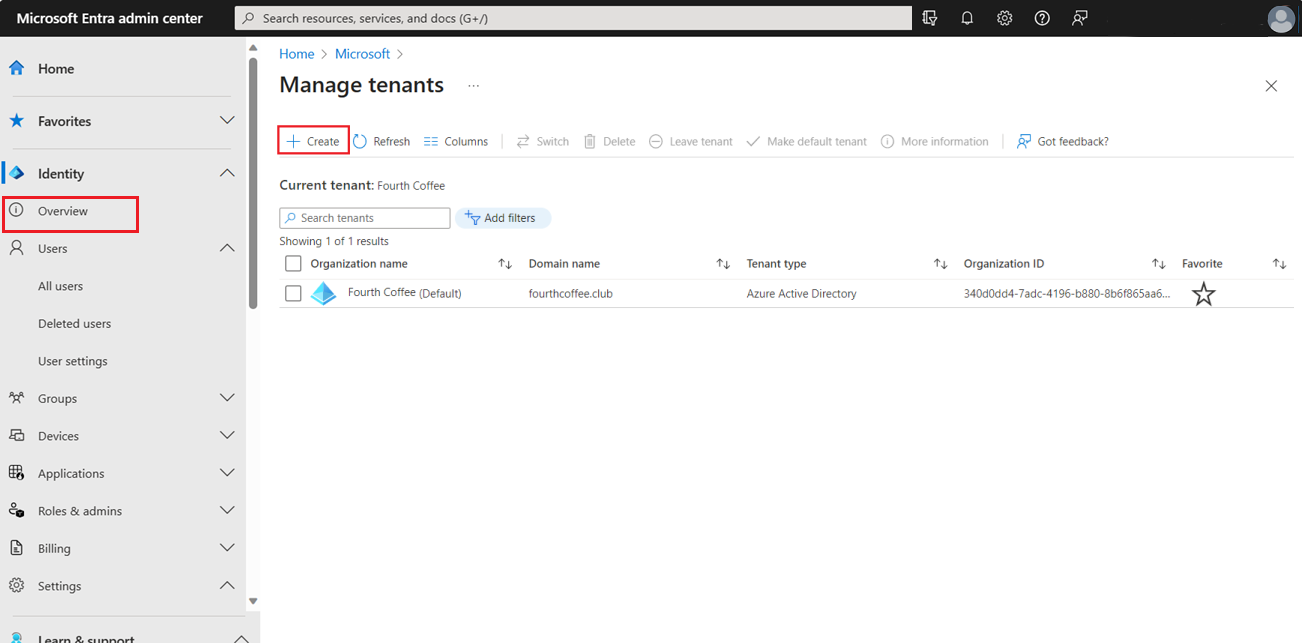 Screenshot of Microsoft Entra ID - Overview page - Create a tenant.