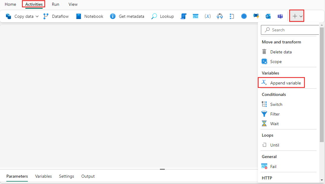 Screenshot showing the creation of a new array type variable to a pipeline.