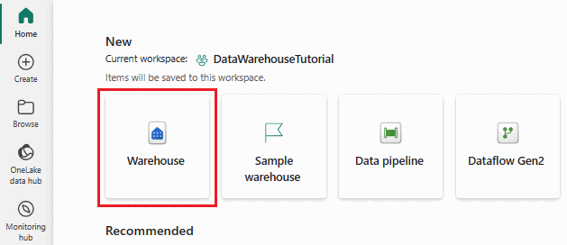 สกรีนช็อตที่แสดงการ์ด Warehouse ในฮับหน้าแรก